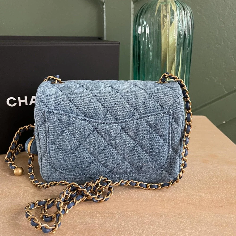 ❌SOLD❌NEW Chanel Denim Square Mini Pearl Crush Flap Bag 22C - Picture 2 of 14